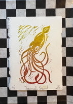 Deep Sea Squid Linocut Print | Handprinted Bookmark | Rainbow