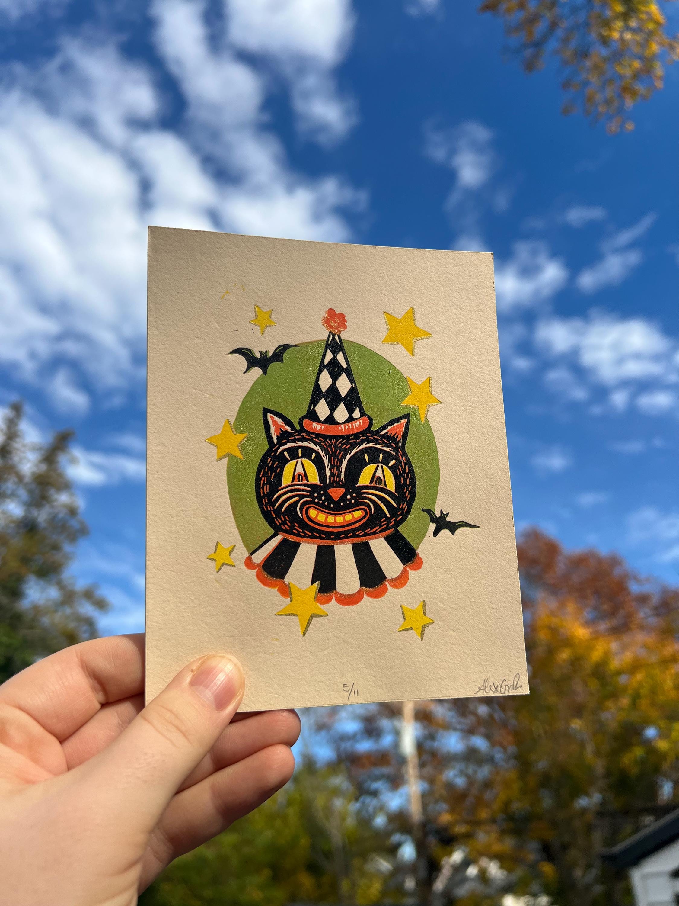 Linocut Vintage Circus Cat, Spooky Halloween Art Print | 4.75x6 | Fall Gift