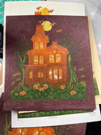 Spooky Halloween Haunted House Ghost Linocut Prints 7"x7.75"