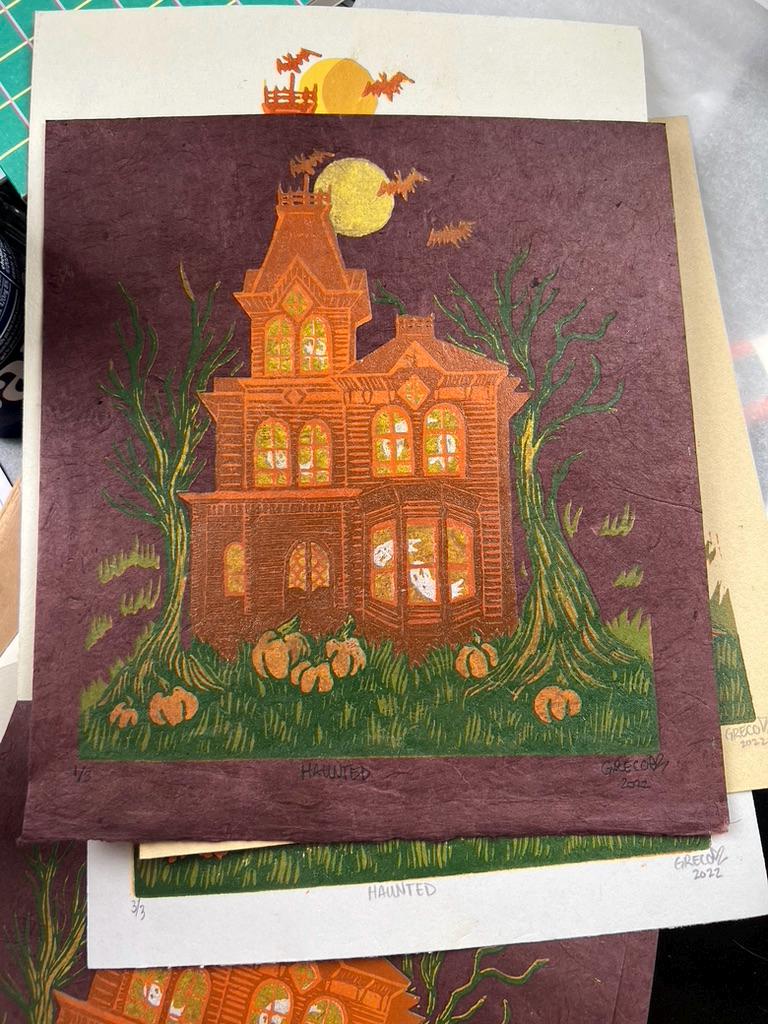 Spooky Halloween Haunted House Ghost Linocut Prints 7"x7.75"