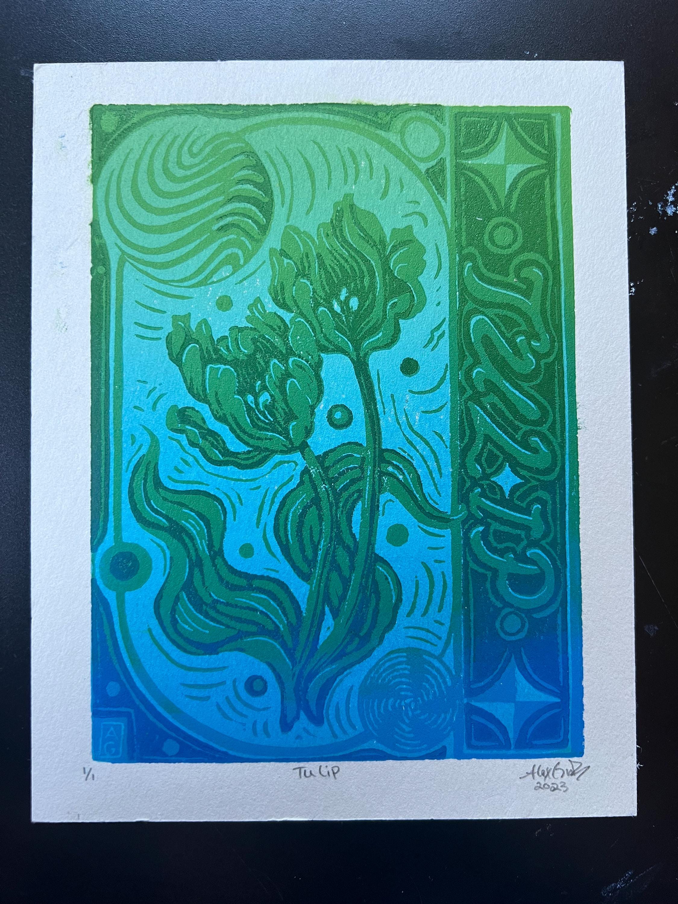 Abstract Tulip Linocut Print Spring Y2K Vibes Vibrant 5.5"x7.05"