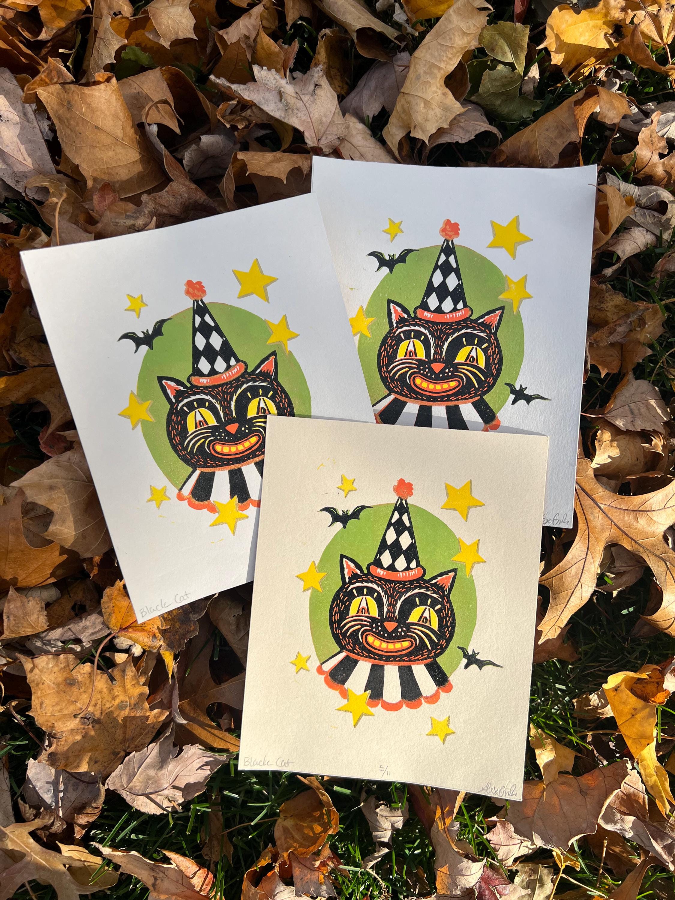 Linocut Vintage Circus Cat, Spooky Halloween Art Print | 4.75x6 | Fall Gift