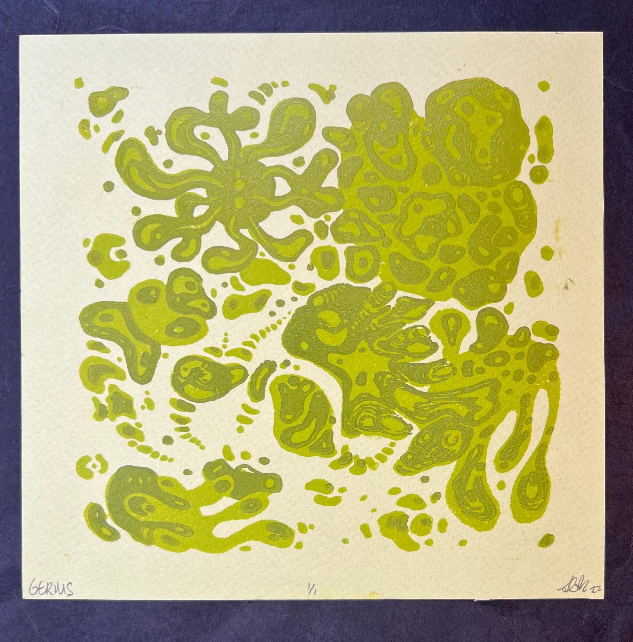 GERMS! Colorful Microbiology Petri dish, Abstract, Geometric, Bacteria, Alien, Space themed Linocut Print, 7.5"x7.5"