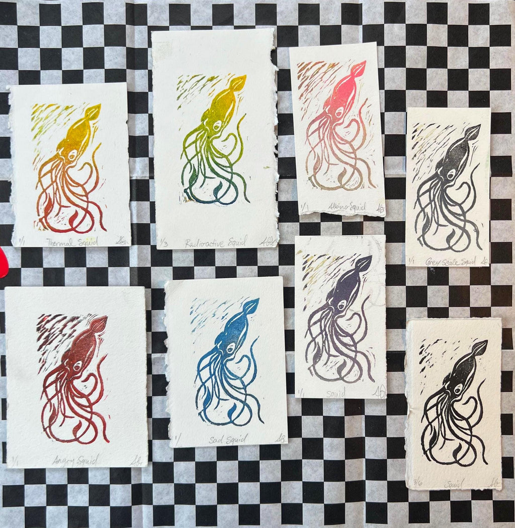 Deep Sea Squid Linocut Print | Handprinted Bookmark | Rainbow