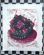 EAT ME! Vintage Cake Linocut Print: Hand-Pulled Relief Art (4.75x 5.5)