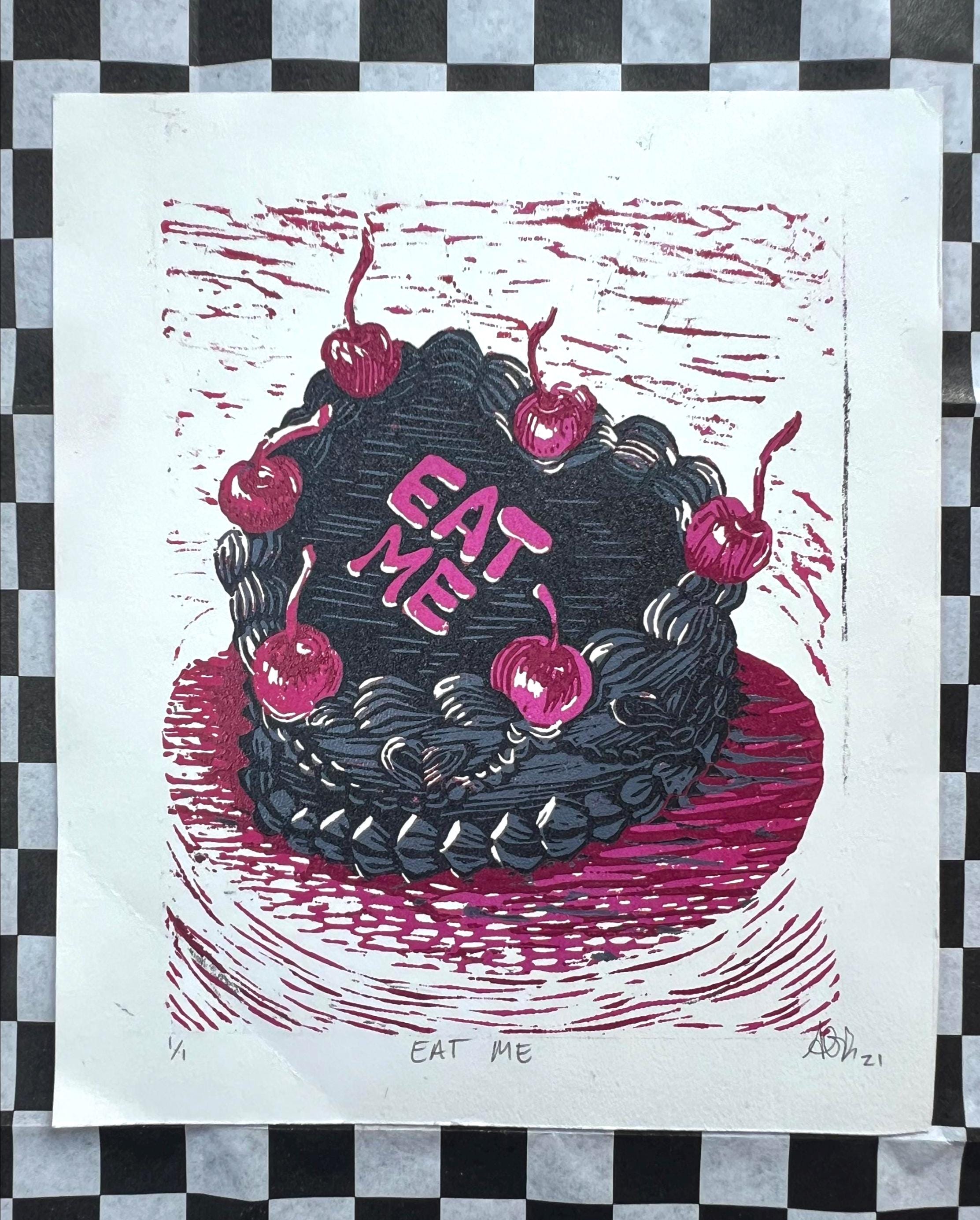 EAT ME! Vintage Cake Linocut Print: Hand-Pulled Relief Art (4.75x 5.5)