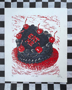 EAT ME! Vintage Cake Linocut Print: Hand-Pulled Relief Art (4.75x 5.5)