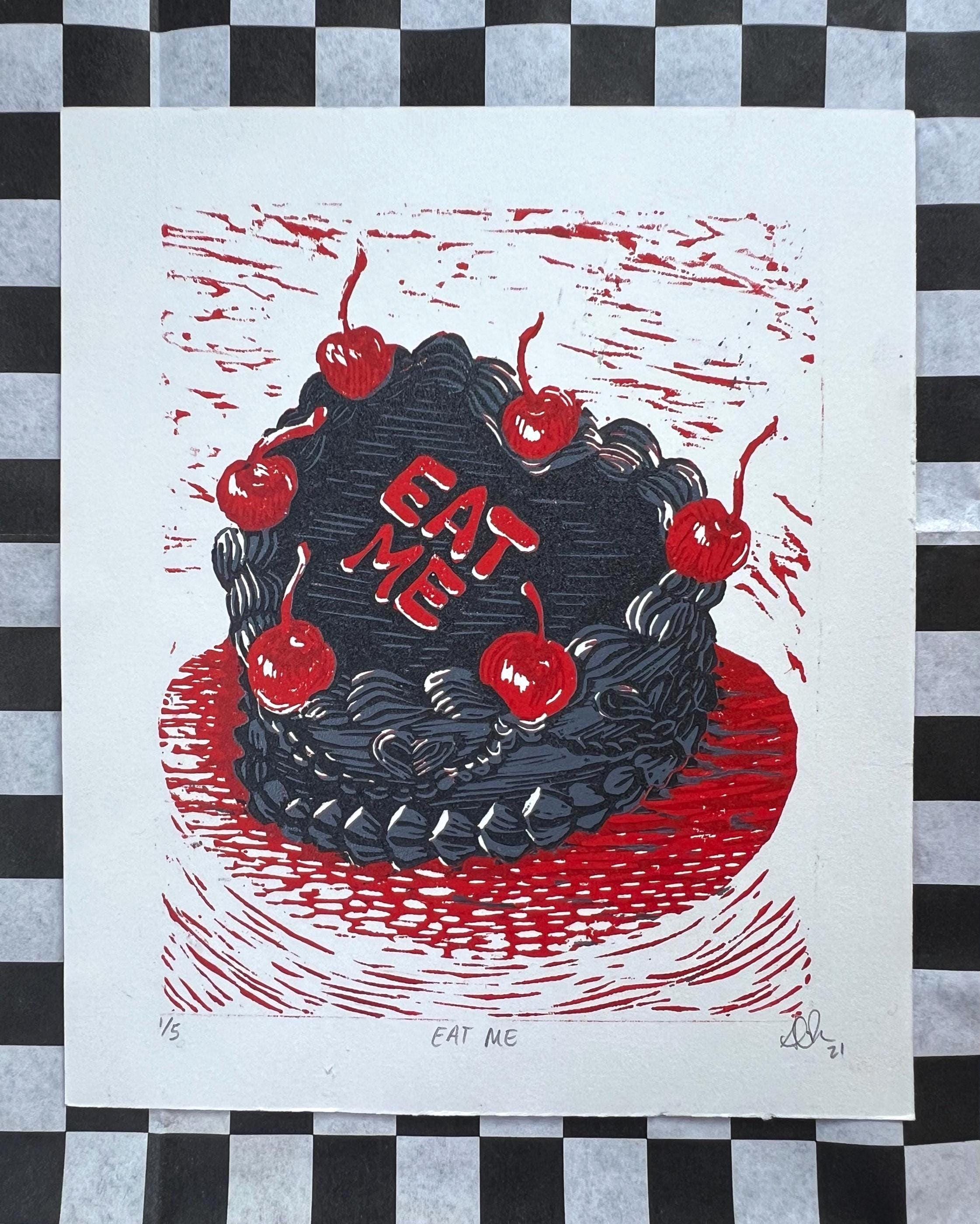 EAT ME! Vintage Cake Linocut Print: Hand-Pulled Relief Art (4.75x 5.5)