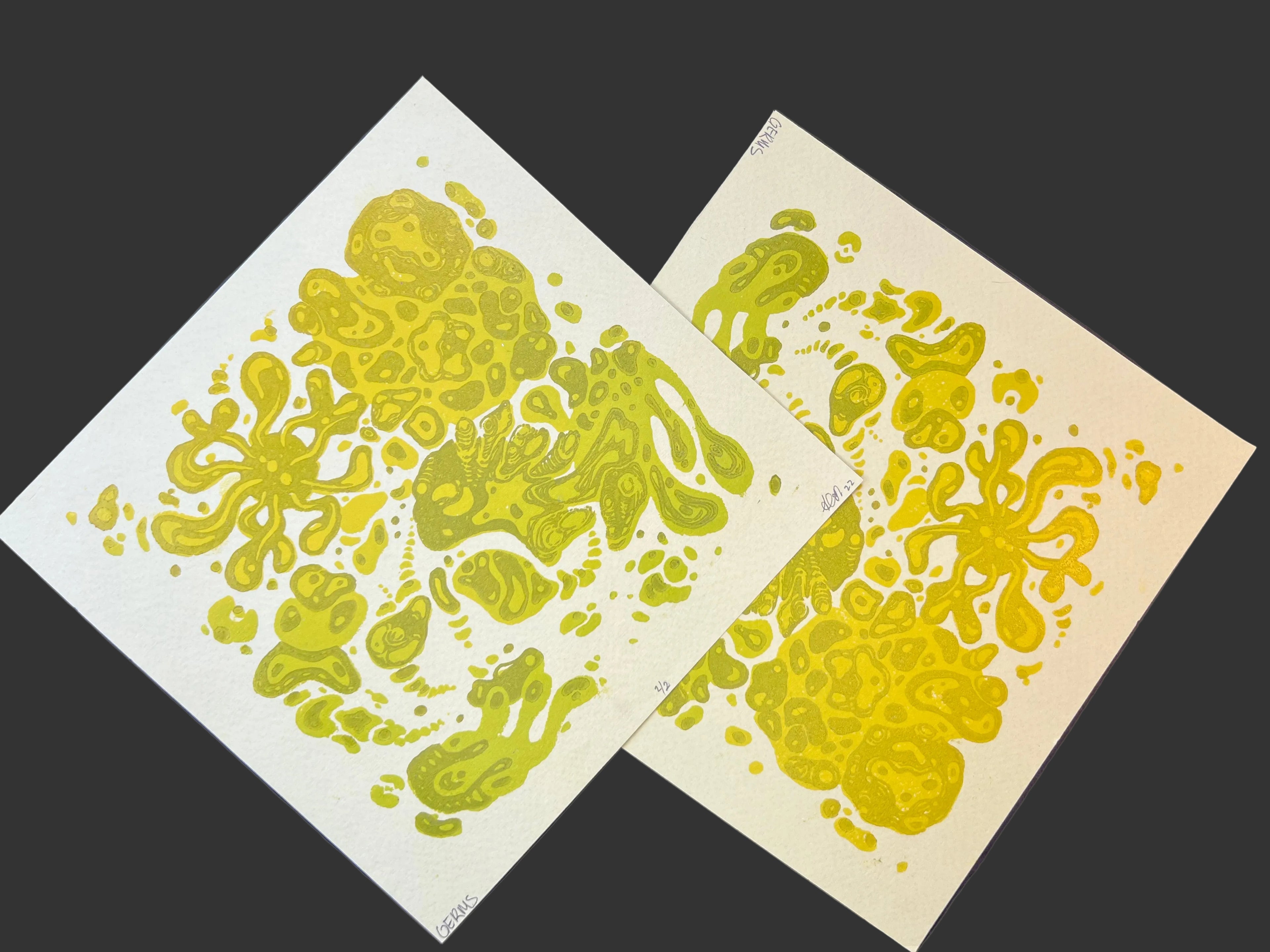 GERMS! Colorful Microbiology Petri dish, Abstract, Geometric, Bacteria, Alien, Space themed Linocut Print, 7.5"x7.5"