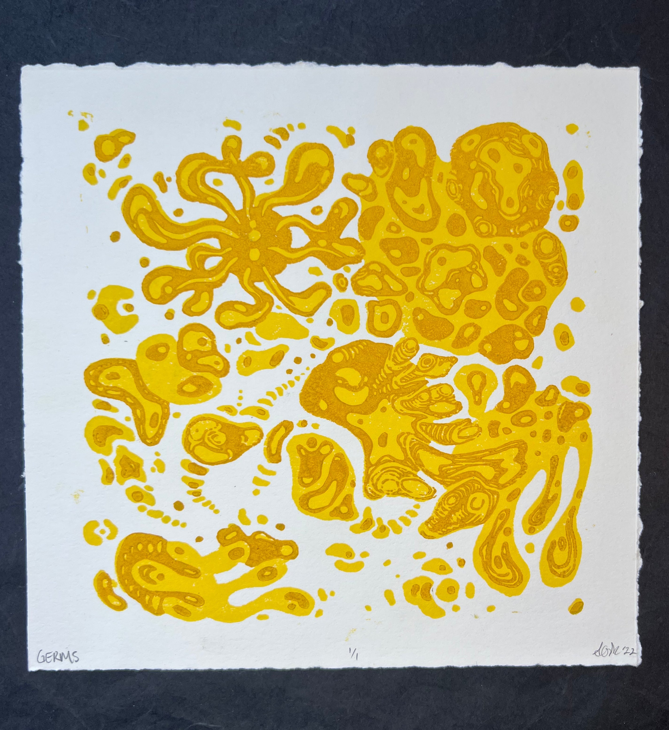 GERMS! Colorful Microbiology Petri dish, Abstract, Geometric, Bacteria, Alien, Space themed Linocut Print, 7.5"x7.5"
