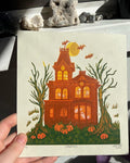 Spooky Halloween Haunted House Ghost Linocut Prints 7"x7.75"