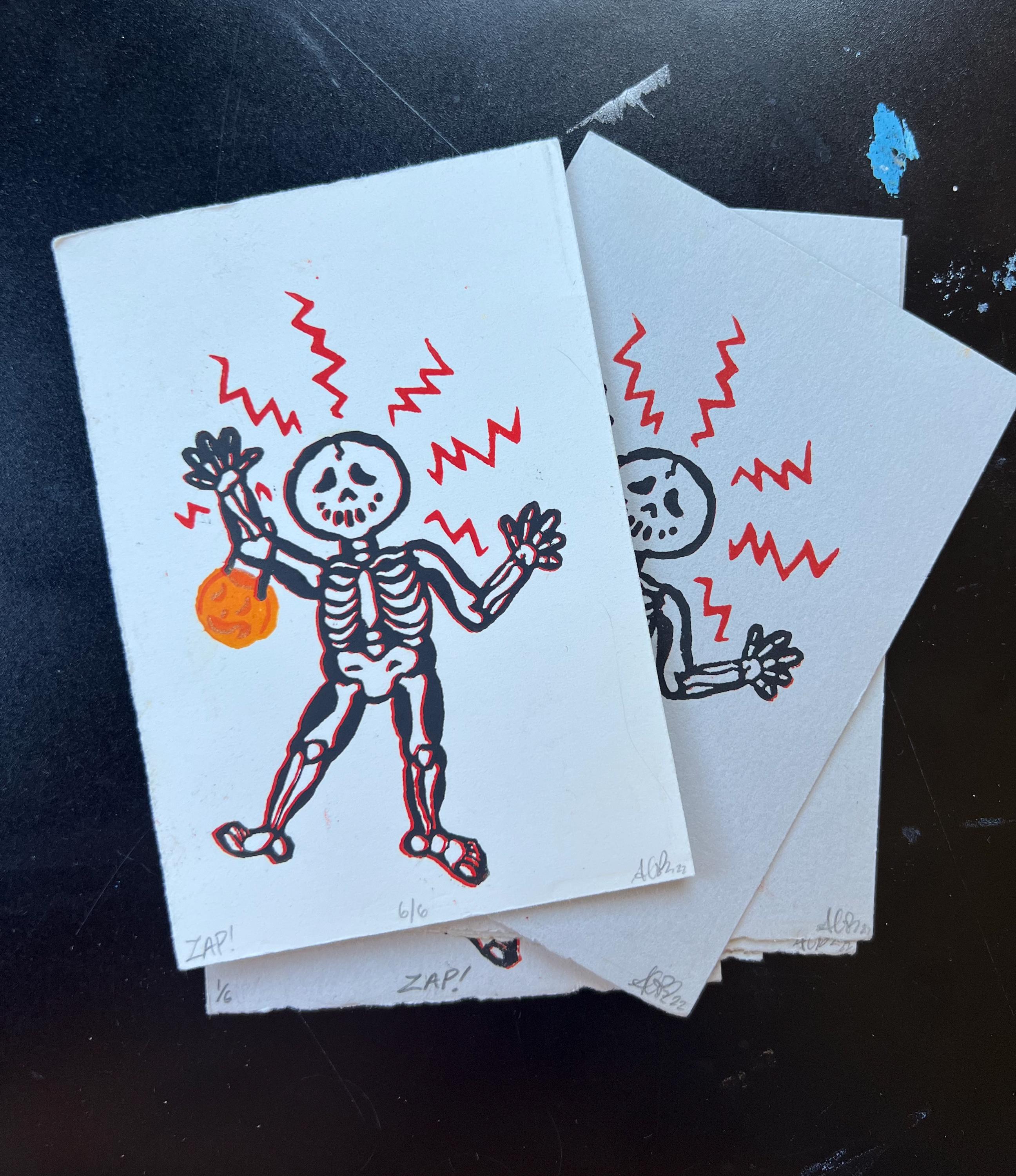 Spooky Skeleton/Dracula/Pumpkin Trick or Treaters Linocut Print Halloween