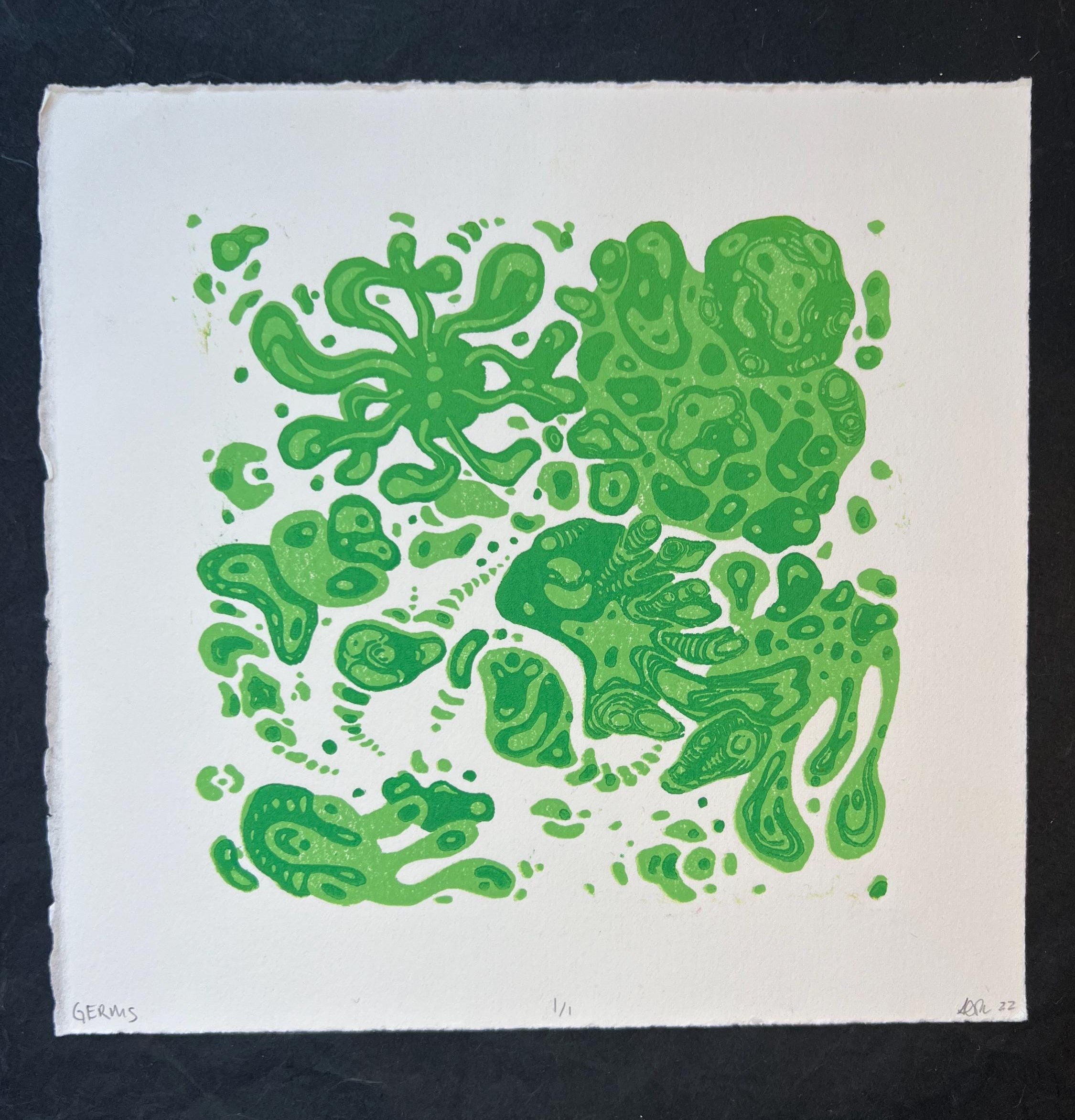 GERMS! Colorful Microbiology Petri dish, Abstract, Geometric, Bacteria, Alien, Space themed Linocut Print, 7.5"x7.5"