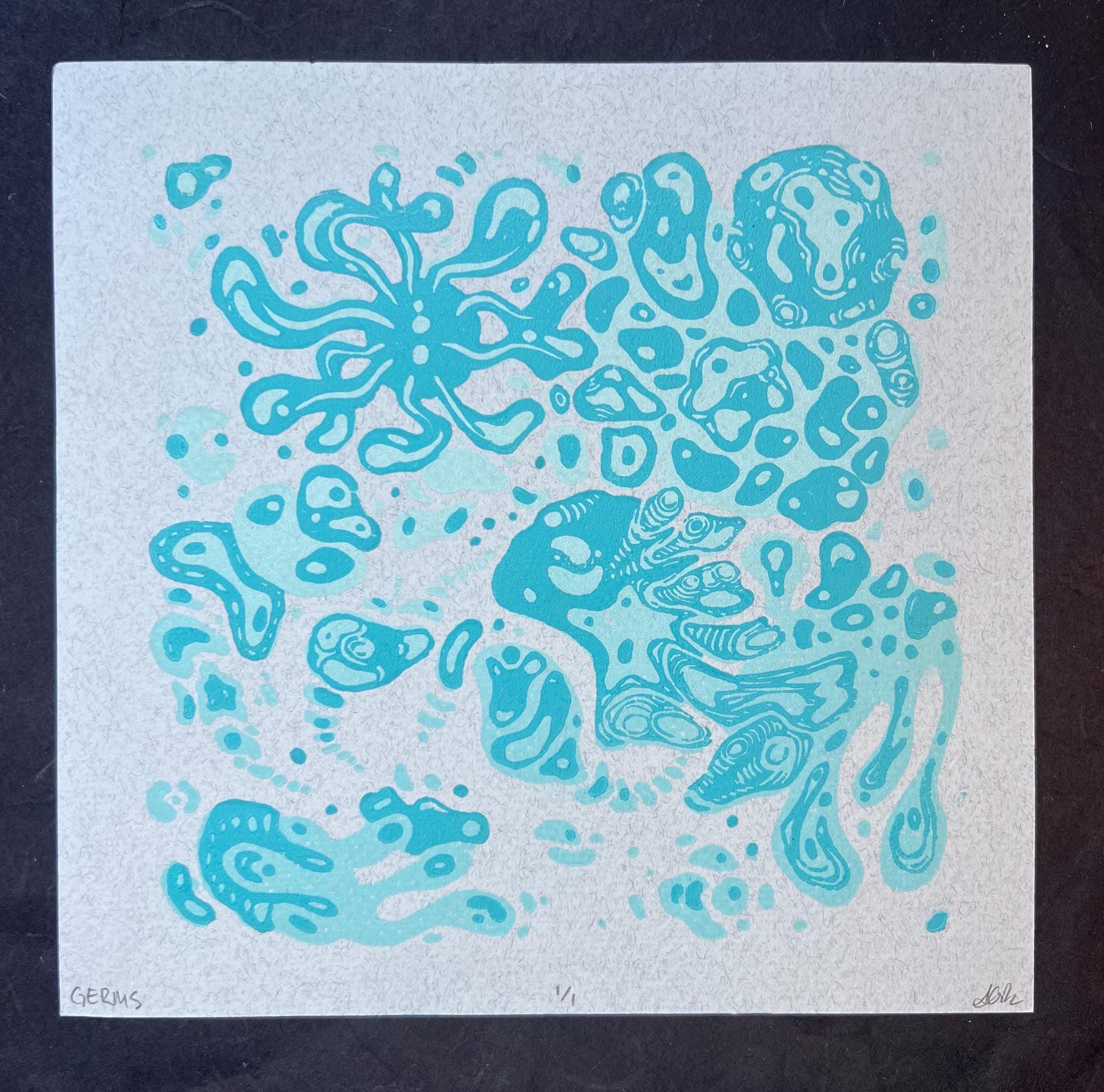 GERMS! Colorful Microbiology Petri dish, Abstract, Geometric, Bacteria, Alien, Space themed Linocut Print, 7.5"x7.5"
