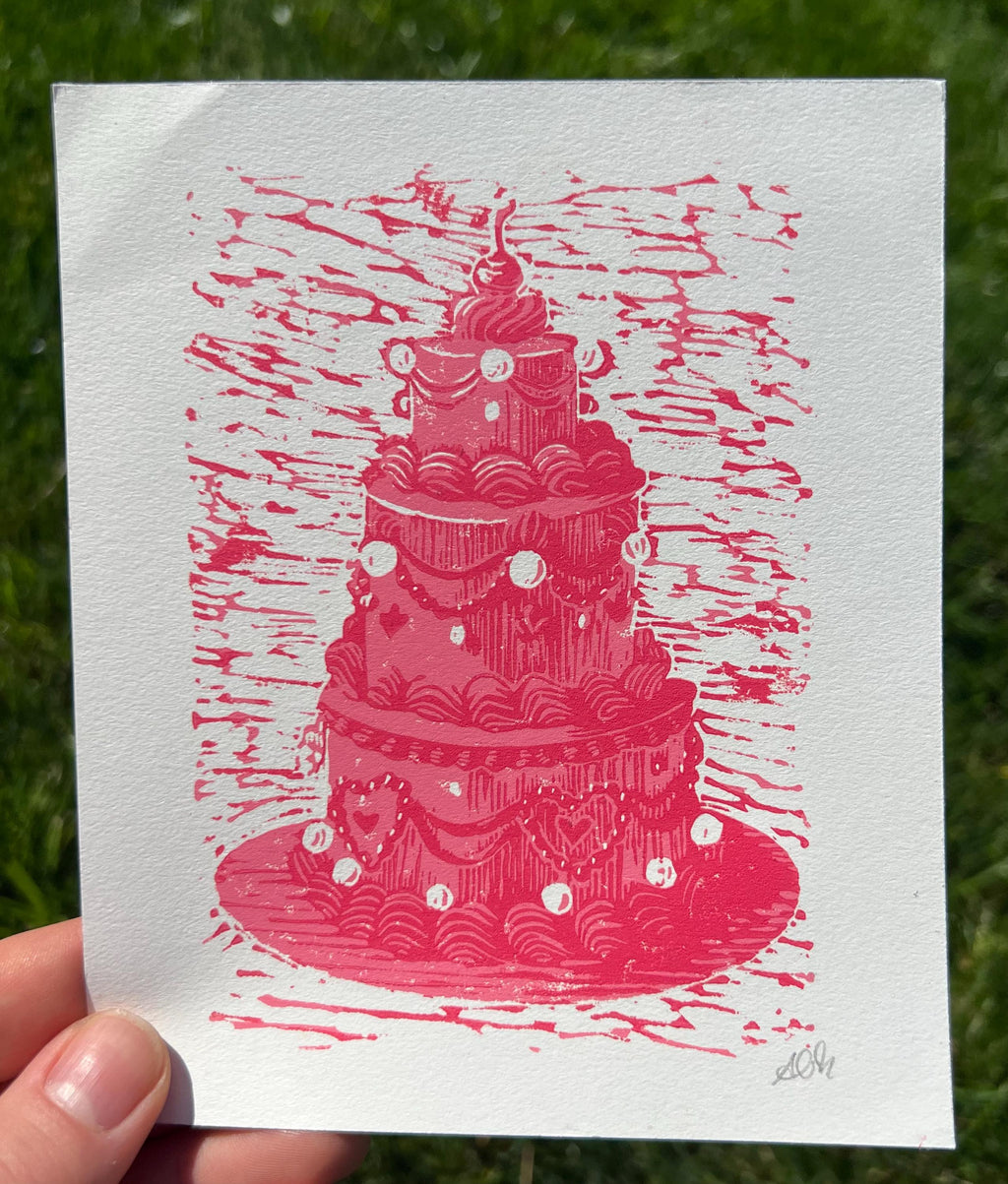 Vintage Style Tiered Rainbow Cakes, Linocut Print, 5"x6"