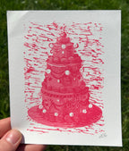 Vintage Style Tiered Rainbow Cakes, Linocut Print, 5"x6"