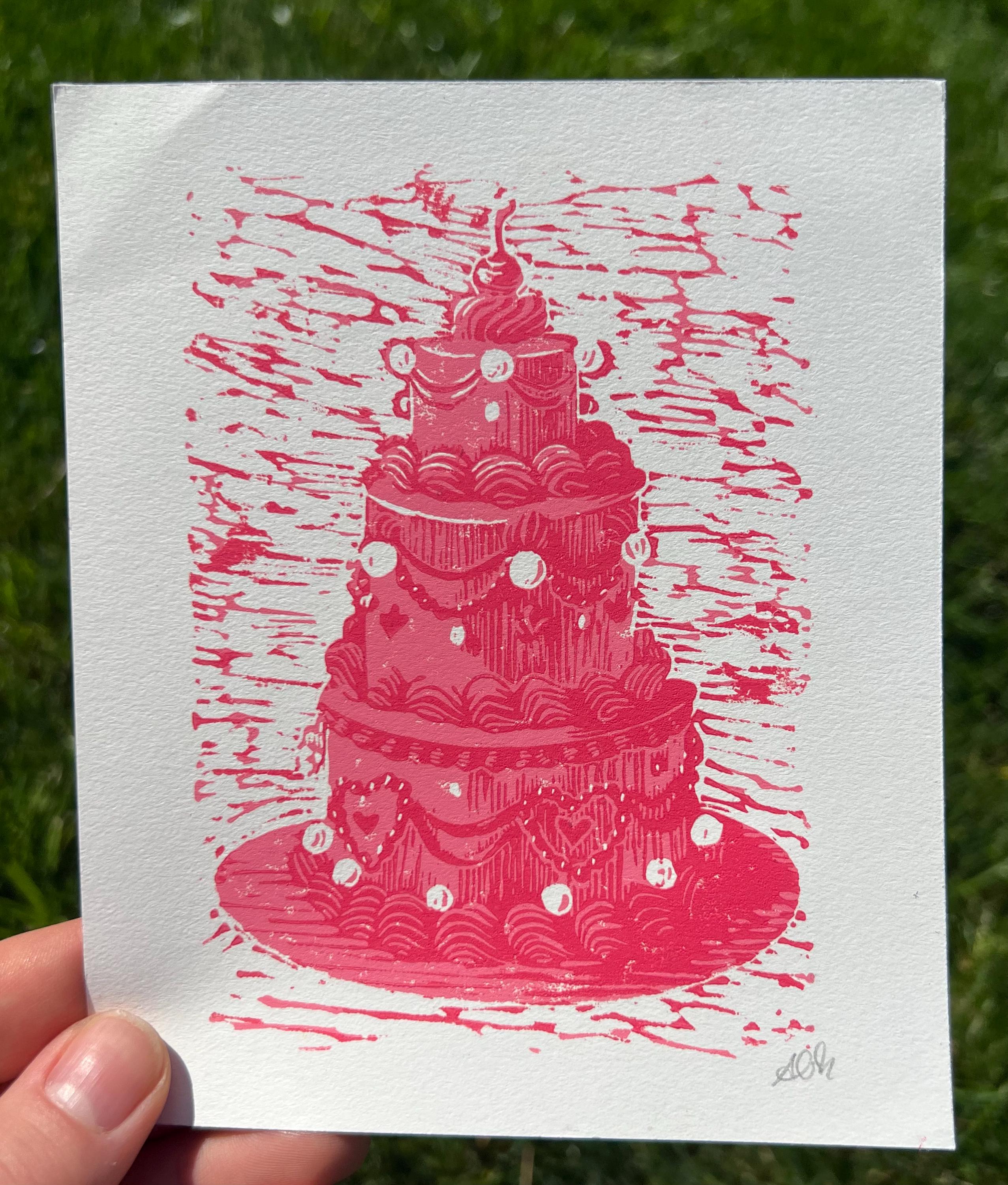 Vintage Style Tiered Rainbow Cakes, Linocut Print, 5"x6"
