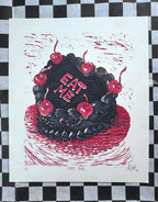 EAT ME! Vintage Cake Linocut Print: Hand-Pulled Relief Art (4.75x 5.5)