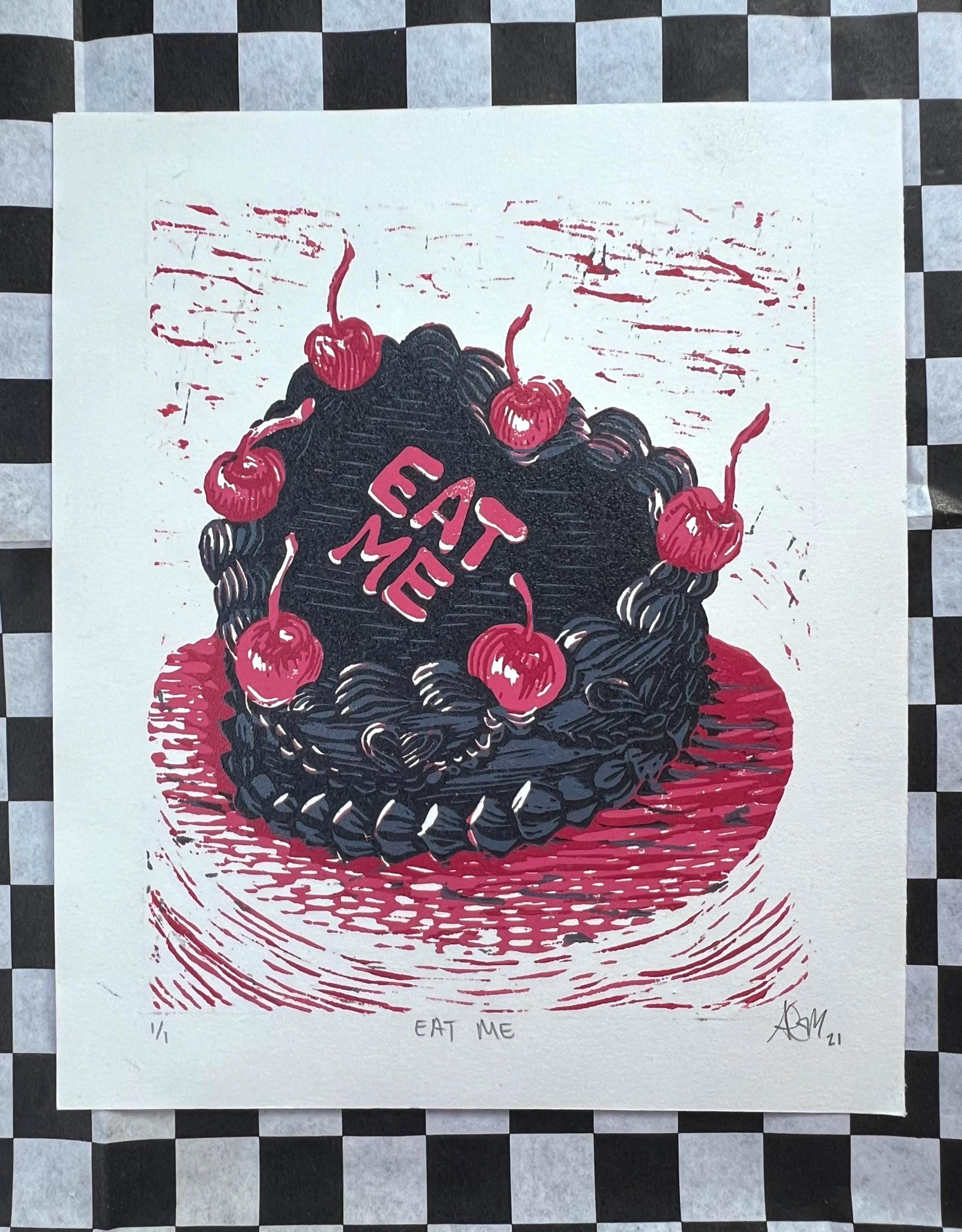 EAT ME! Vintage Cake Linocut Print: Hand-Pulled Relief Art (4.75x 5.5)