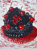 EAT ME! Vintage Cake Linocut Print: Hand-Pulled Relief Art (4.75x 5.5)