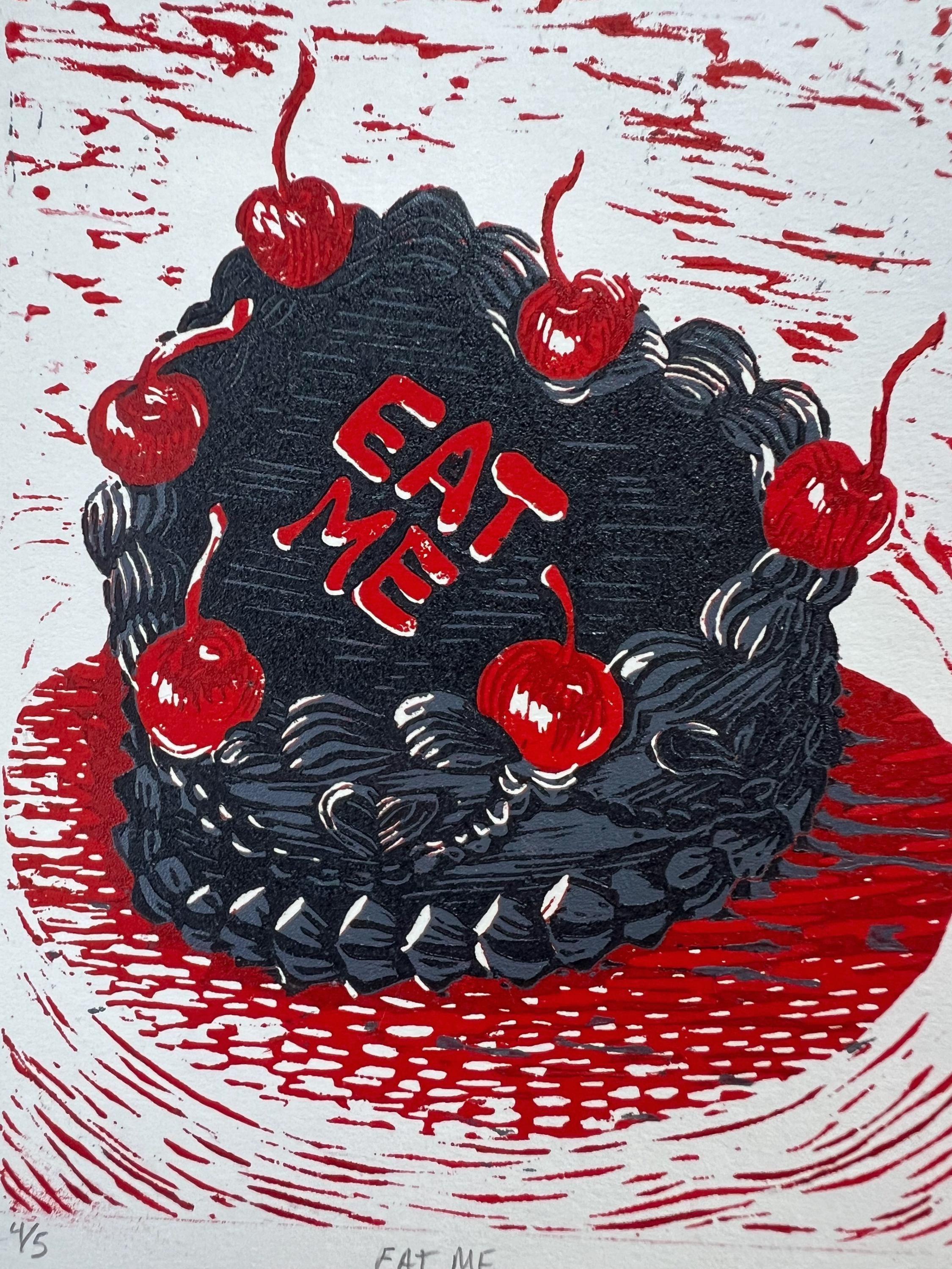 EAT ME! Vintage Cake Linocut Print: Hand-Pulled Relief Art (4.75x 5.5)