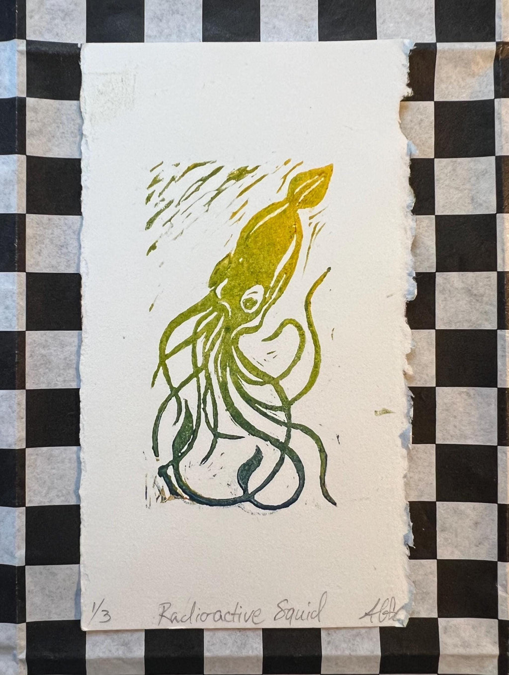 Deep Sea Squid Linocut Print | Handprinted Bookmark | Rainbow