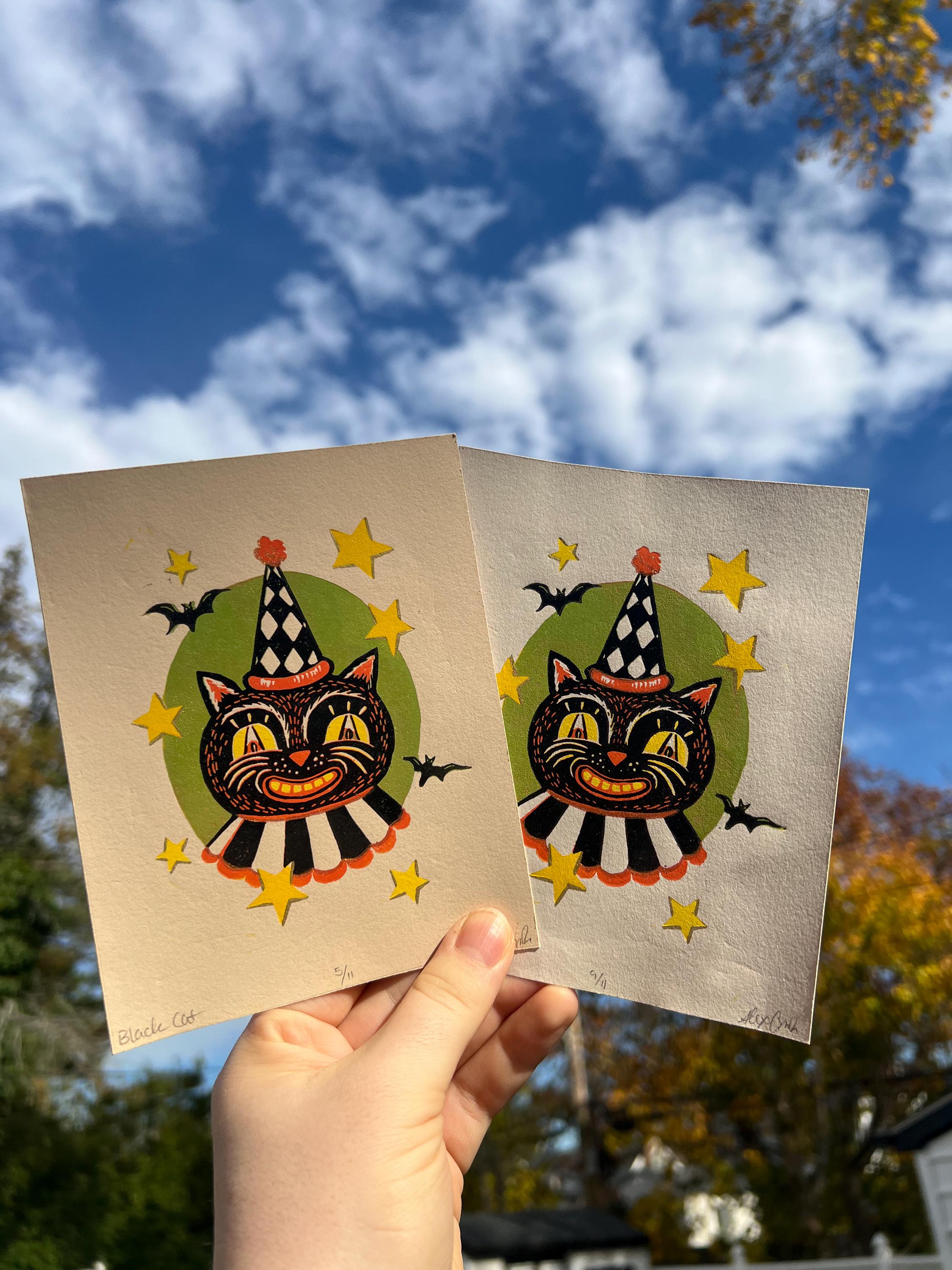 Linocut Vintage Circus Cat, Spooky Halloween Art Print | 4.75x6 | Fall Gift