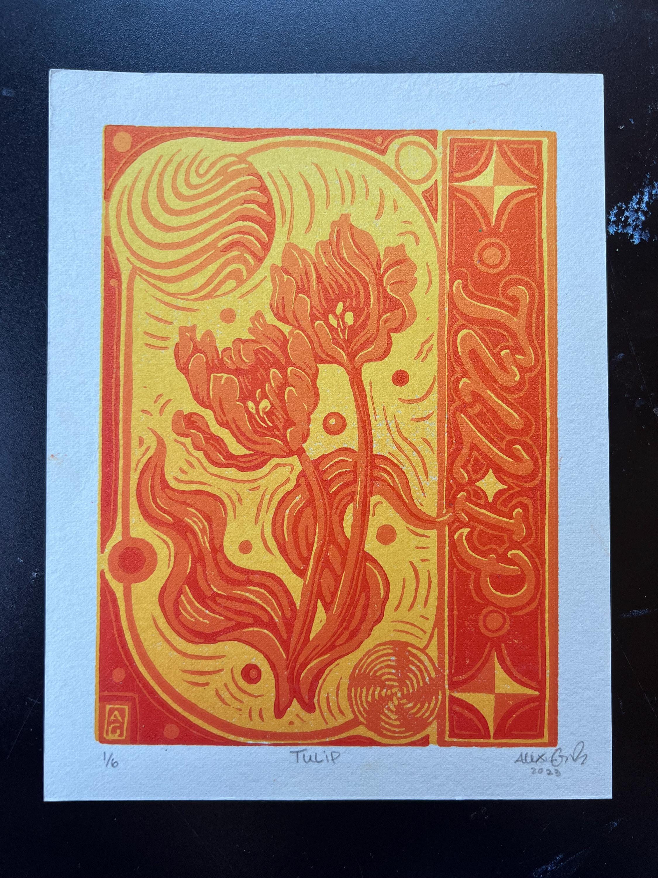 Abstract Tulip Linocut Print Spring Y2K Vibes Vibrant 5.5"x7.05"