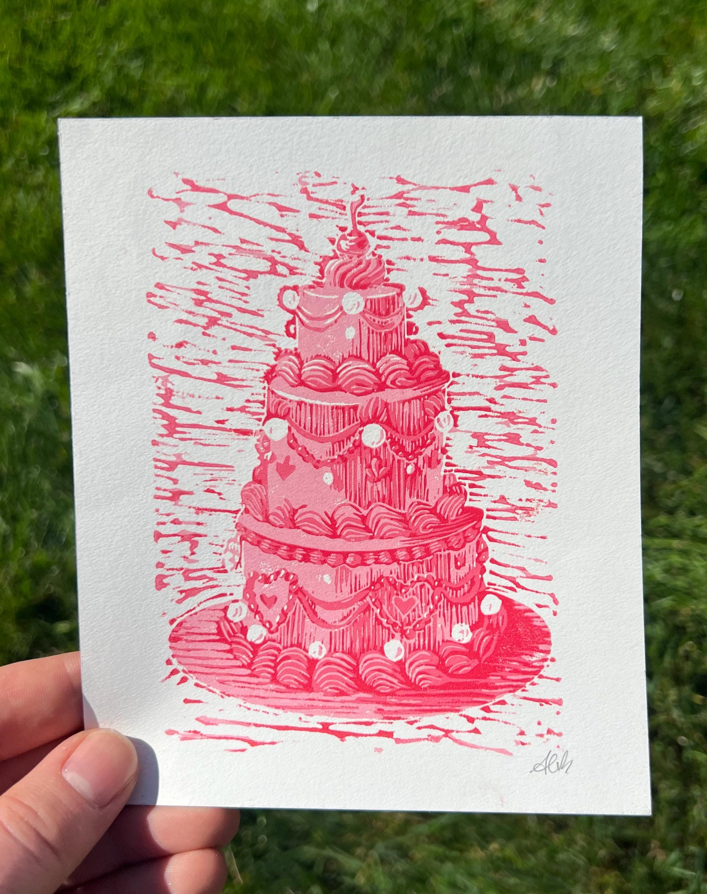 Vintage Style Tiered Rainbow Cakes, Linocut Print, 5"x6"