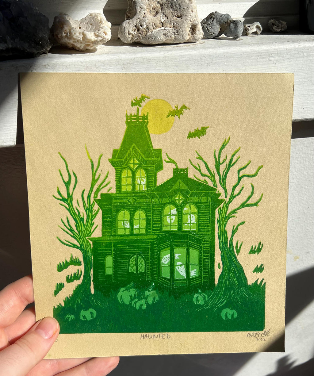 Spooky Halloween Haunted House Ghost Linocut Prints 7"x7.75"