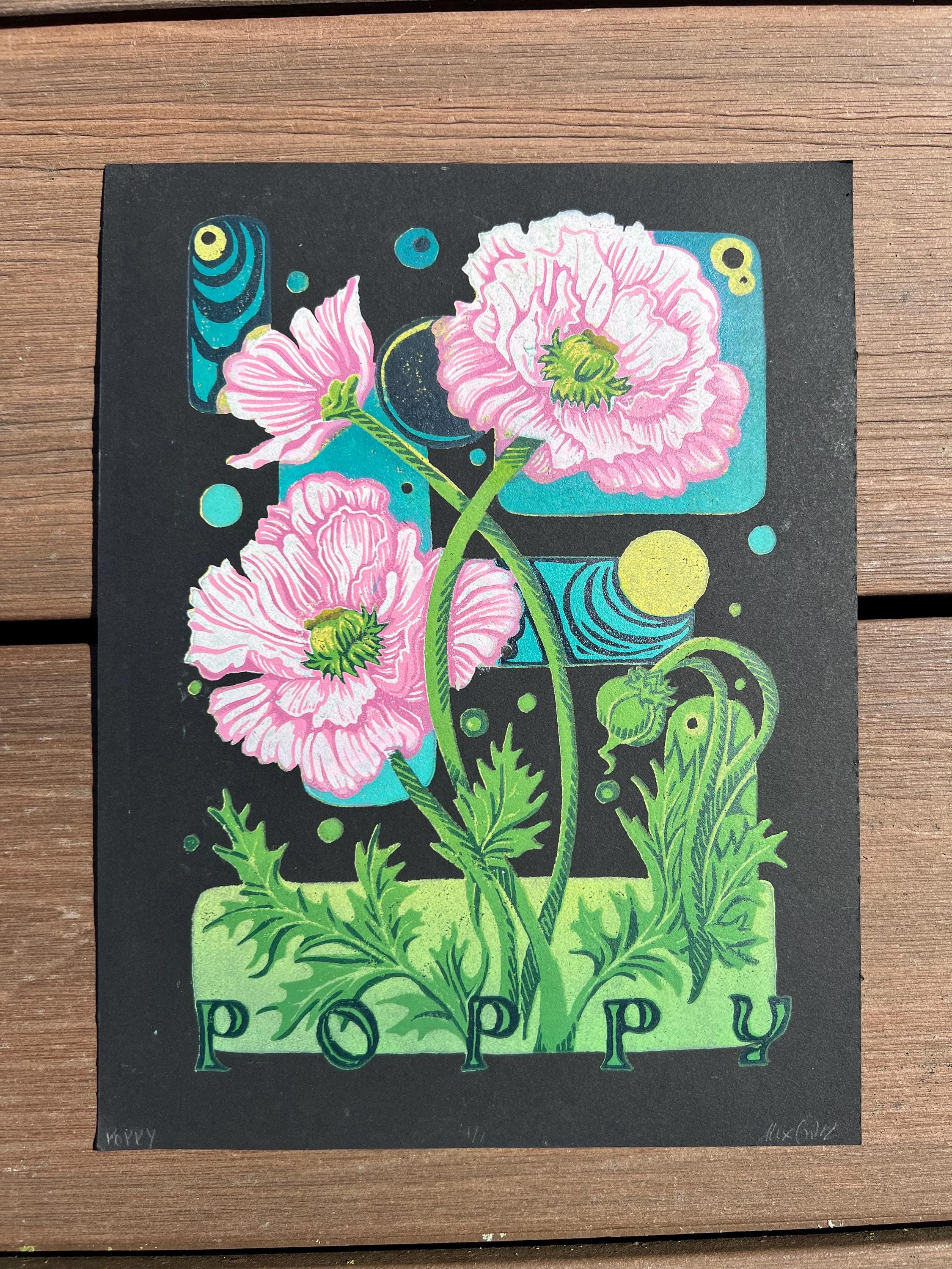 Poppy Flower Abstract Linocut Print | "Poppy" | Whimsical Easter Spring Wall Art | 7"x9"