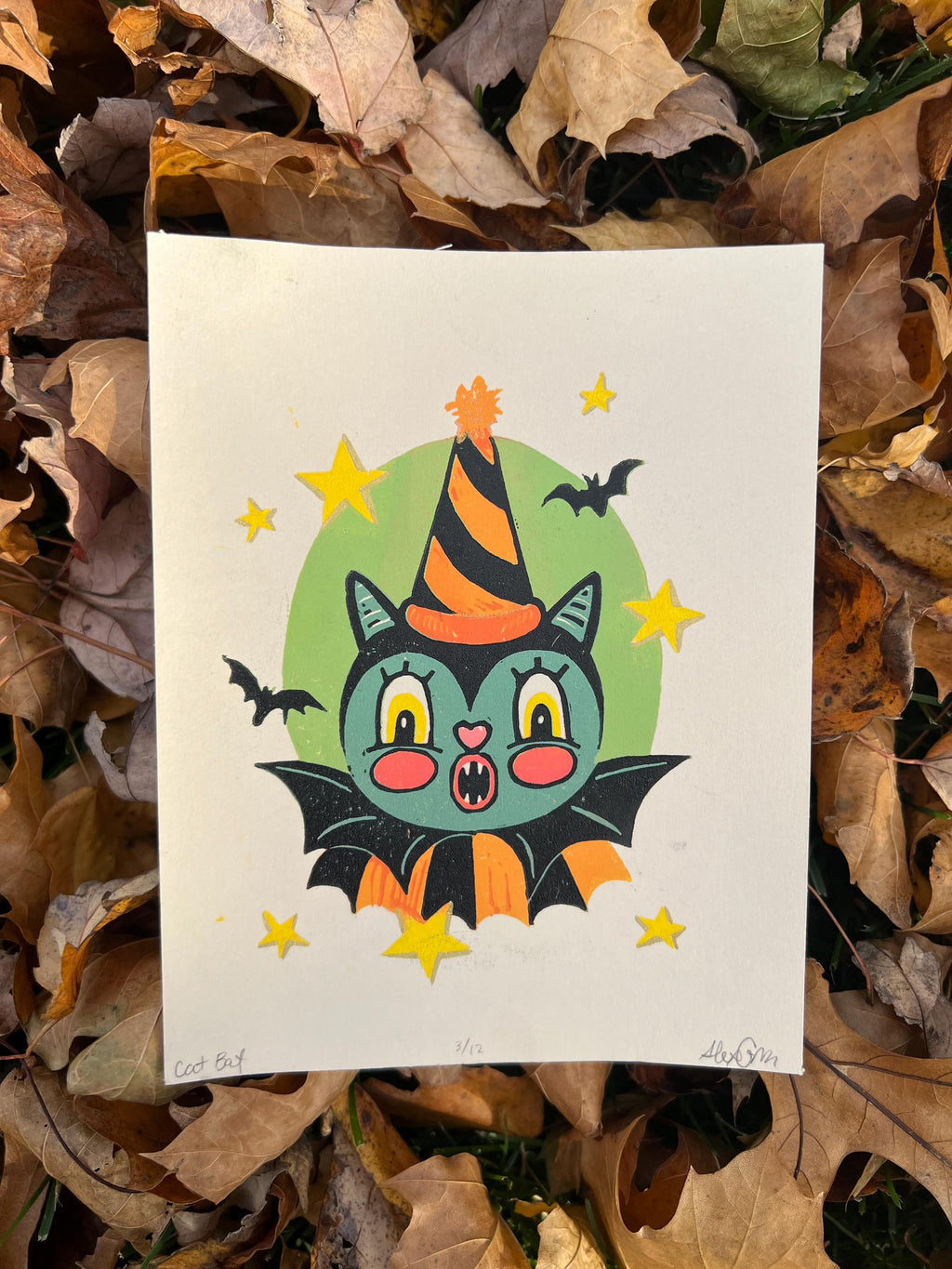 Linocut Vintage BAT, Spooky Halloween Art Print | 4.75x6 | Fall Gift