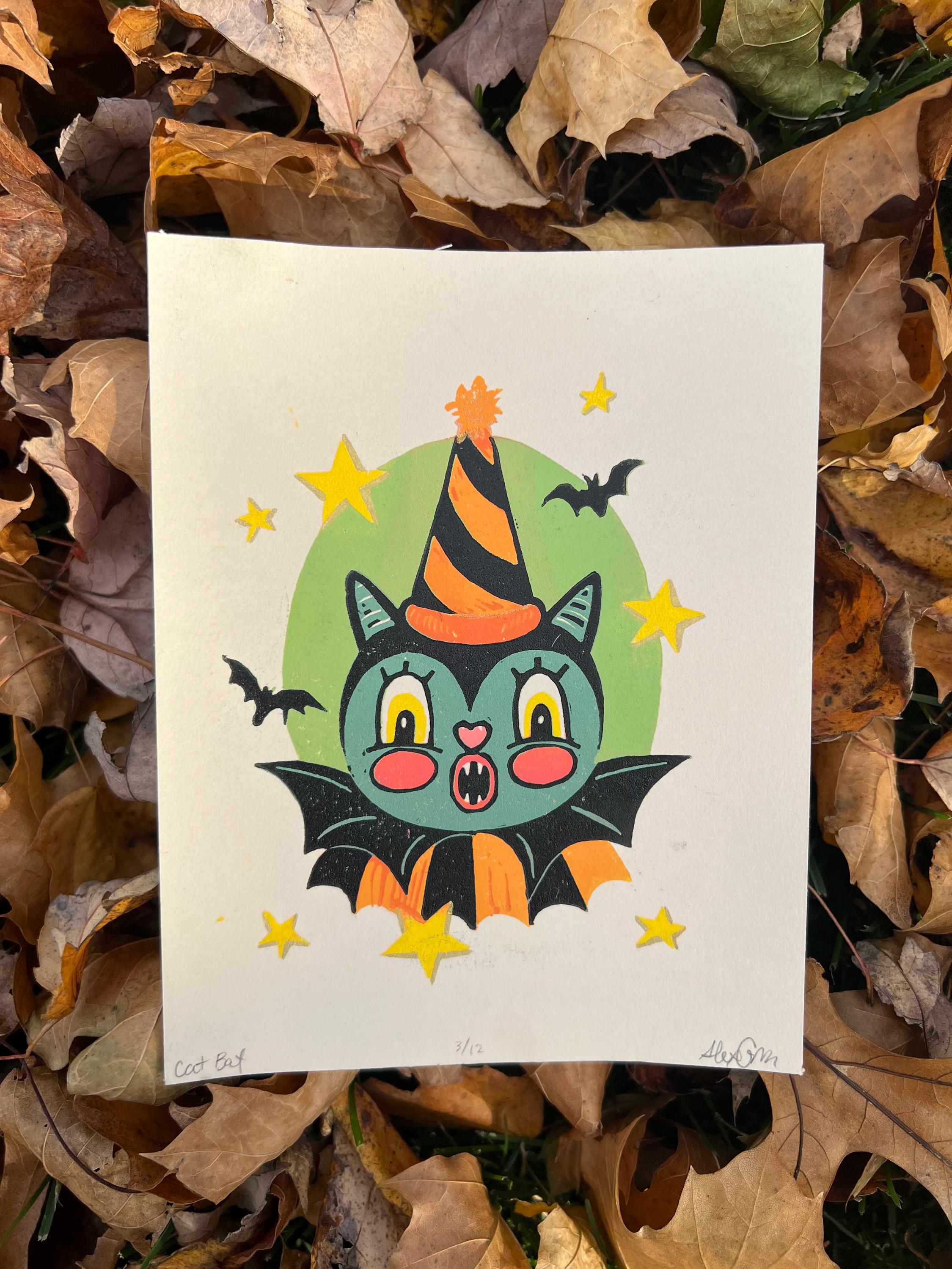 Linocut Vintage BAT, Spooky Halloween Art Print | 4.75x6 | Fall Gift