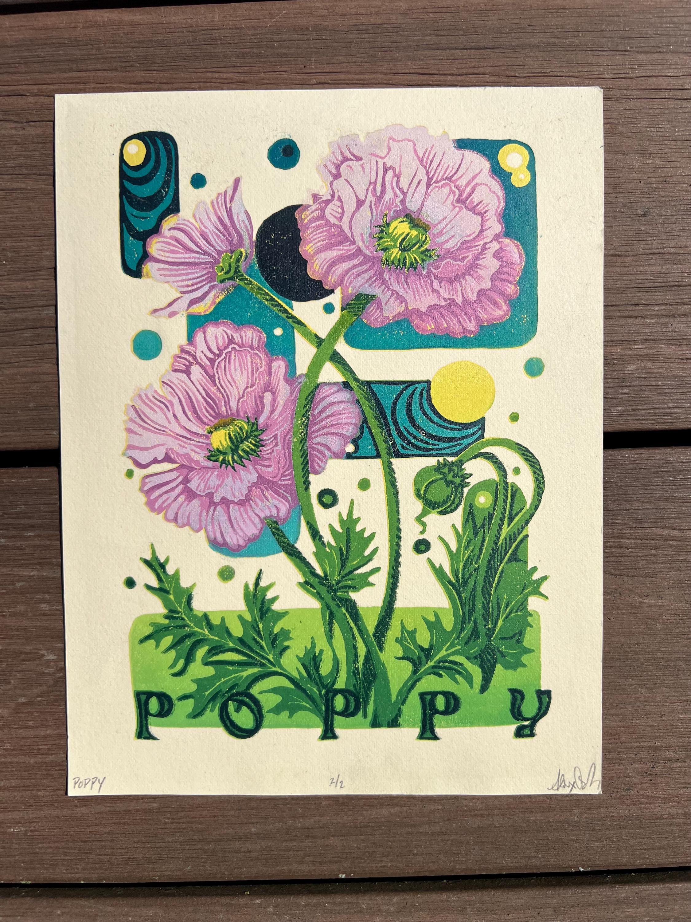 Poppy Flower Abstract Linocut Print | "Poppy" | Whimsical Easter Spring Wall Art | 7"x9"