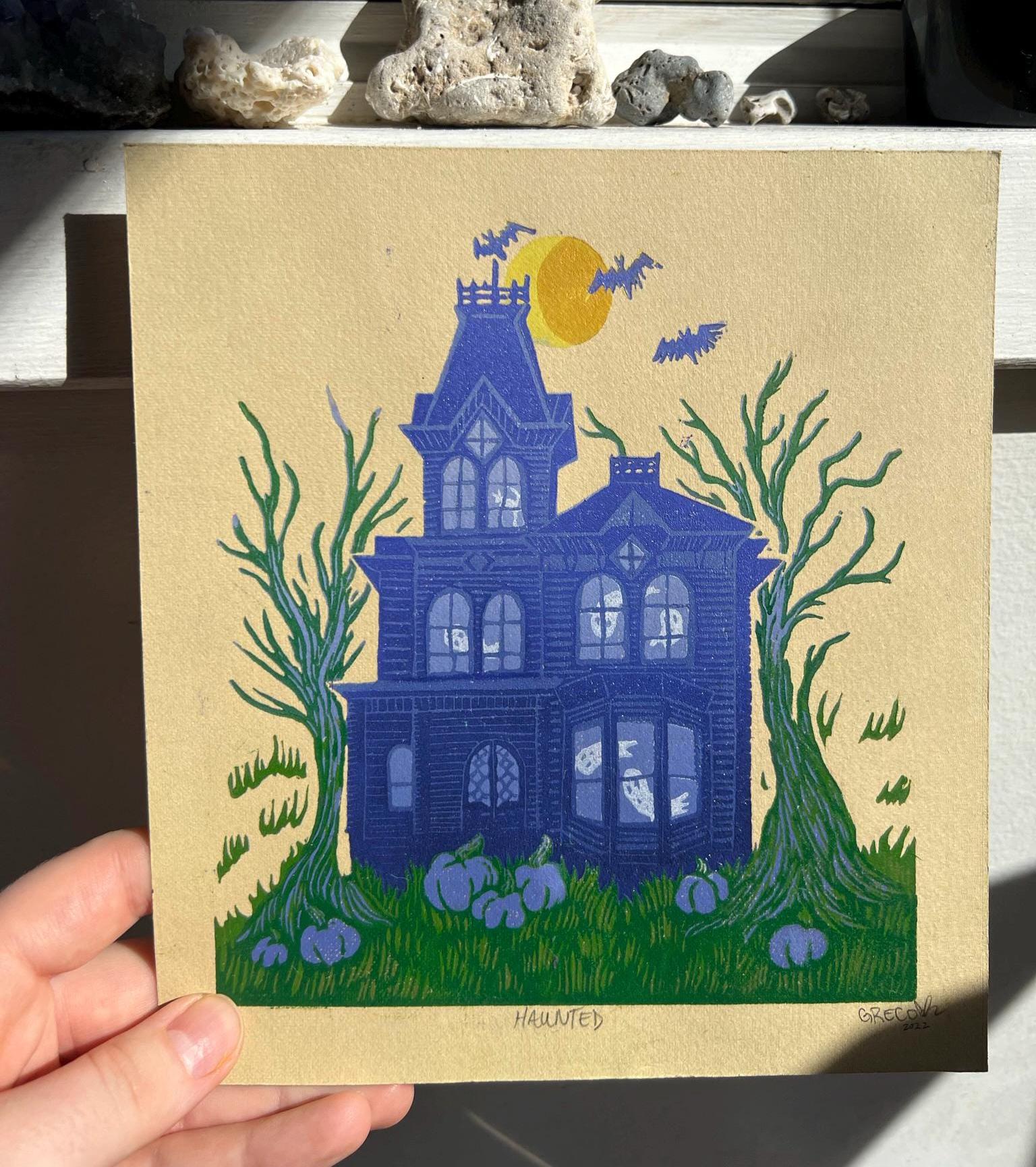 Spooky Halloween Haunted House Ghost Linocut Prints 7"x7.75"