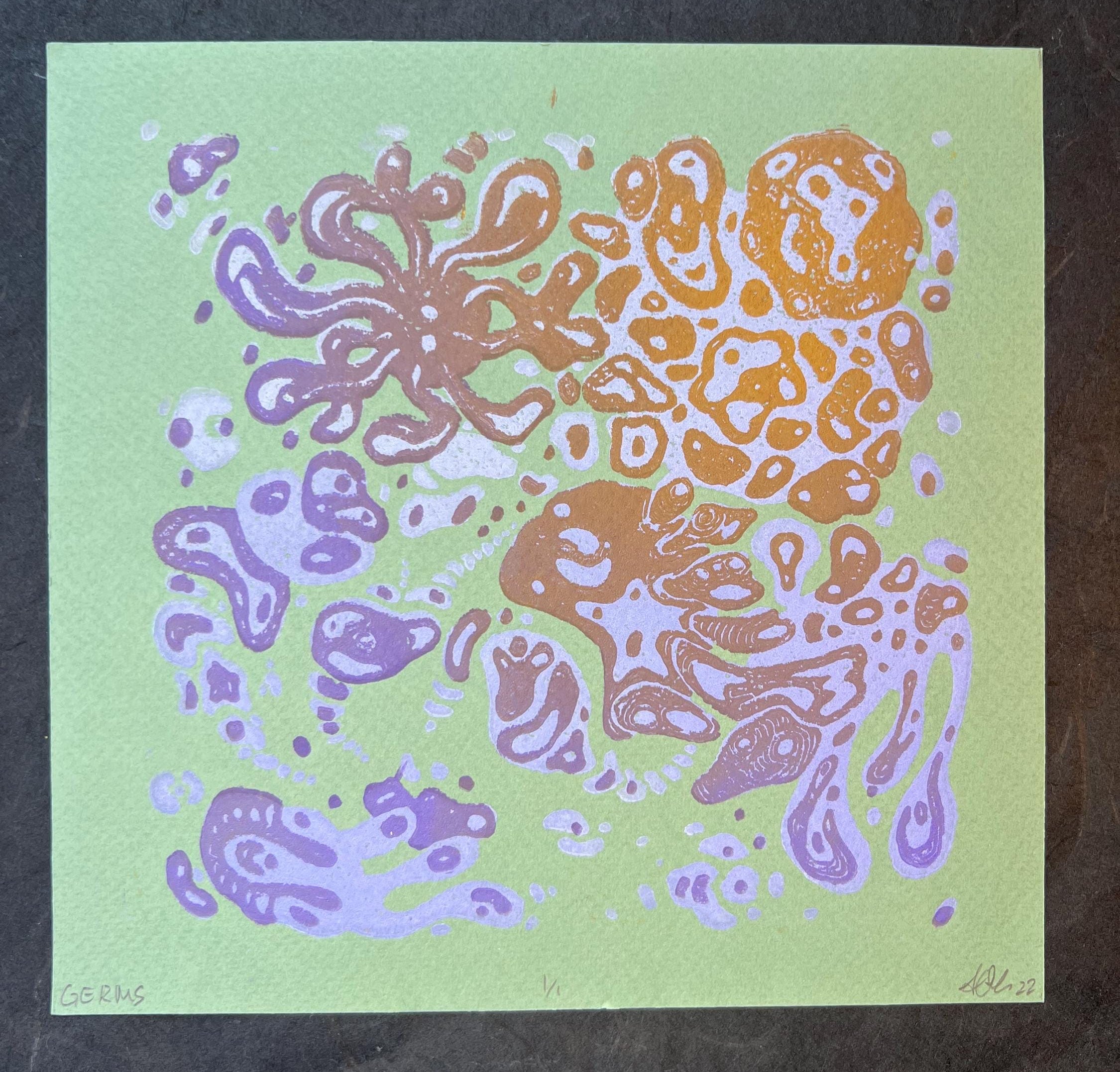 GERMS! Colorful Microbiology Petri dish, Abstract, Geometric, Bacteria, Alien, Space themed Linocut Print, 7.5"x7.5"