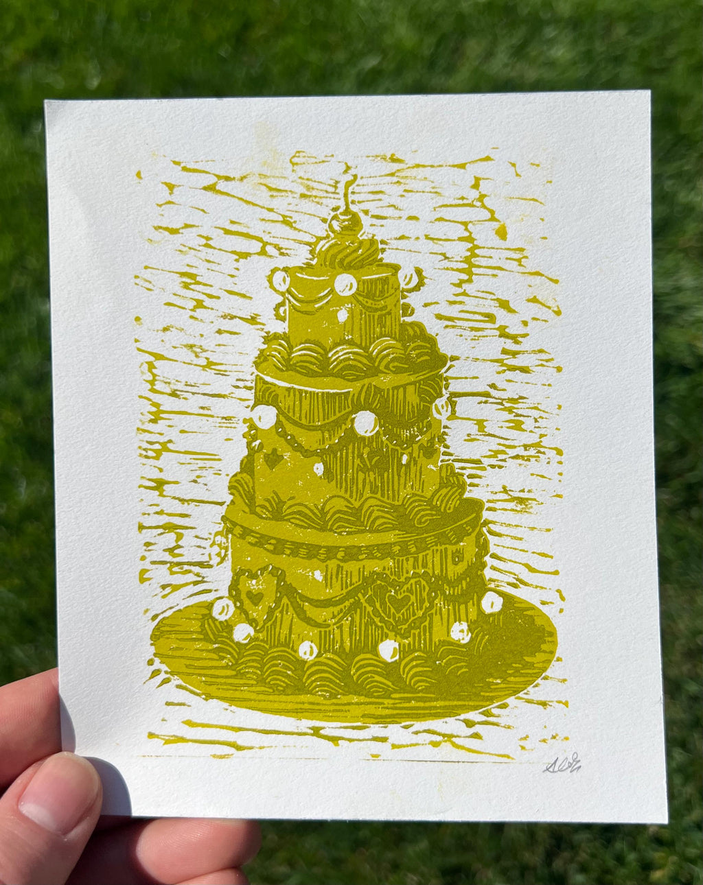 Vintage Style Tiered Rainbow Cakes, Linocut Print, 5"x6"