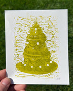 Vintage Style Tiered Rainbow Cakes, Linocut Print, 5"x6"