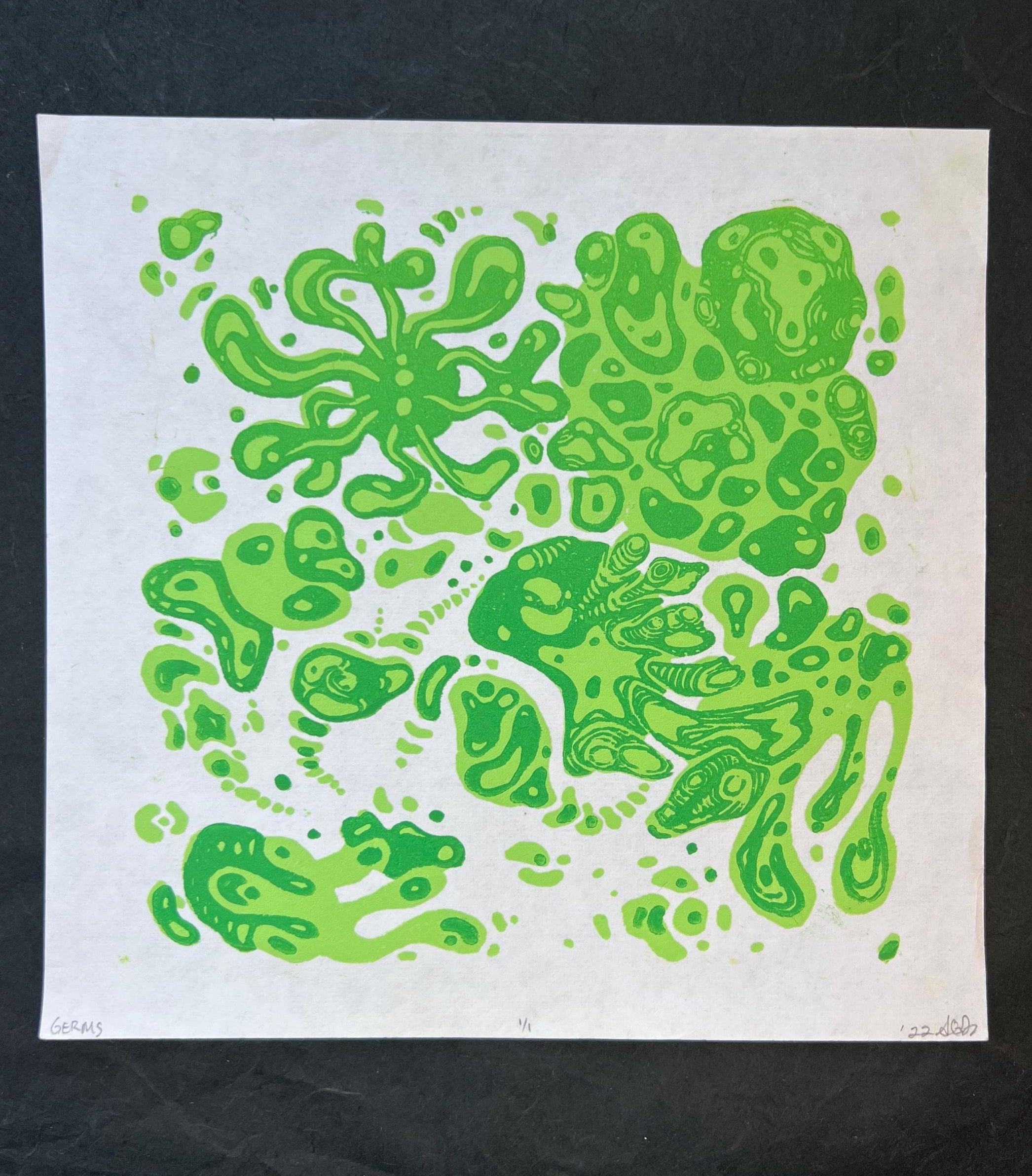 GERMS! Colorful Microbiology Petri dish, Abstract, Geometric, Bacteria, Alien, Space themed Linocut Print, 7.5"x7.5"
