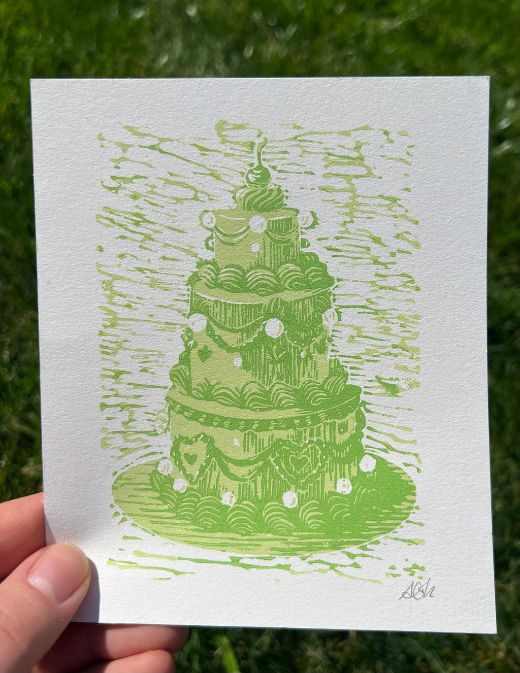 Vintage Style Tiered Rainbow Cakes, Linocut Print, 5"x6"