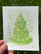 Vintage Style Tiered Rainbow Cakes, Linocut Print, 5"x6"