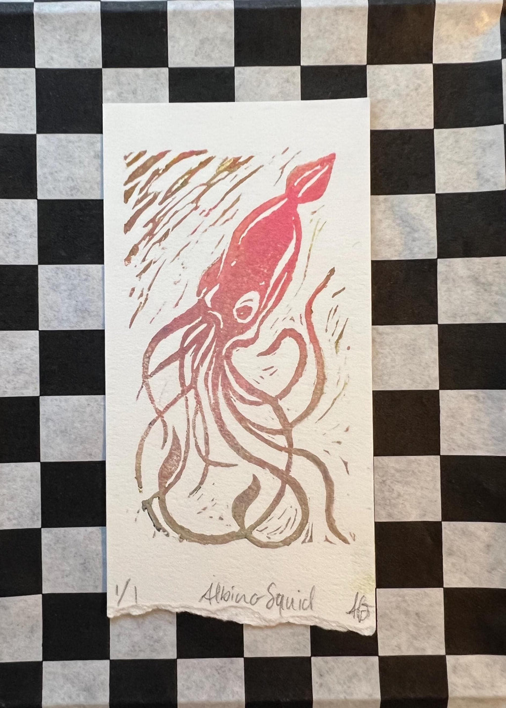 Deep Sea Squid Linocut Print | Handprinted Bookmark | Rainbow