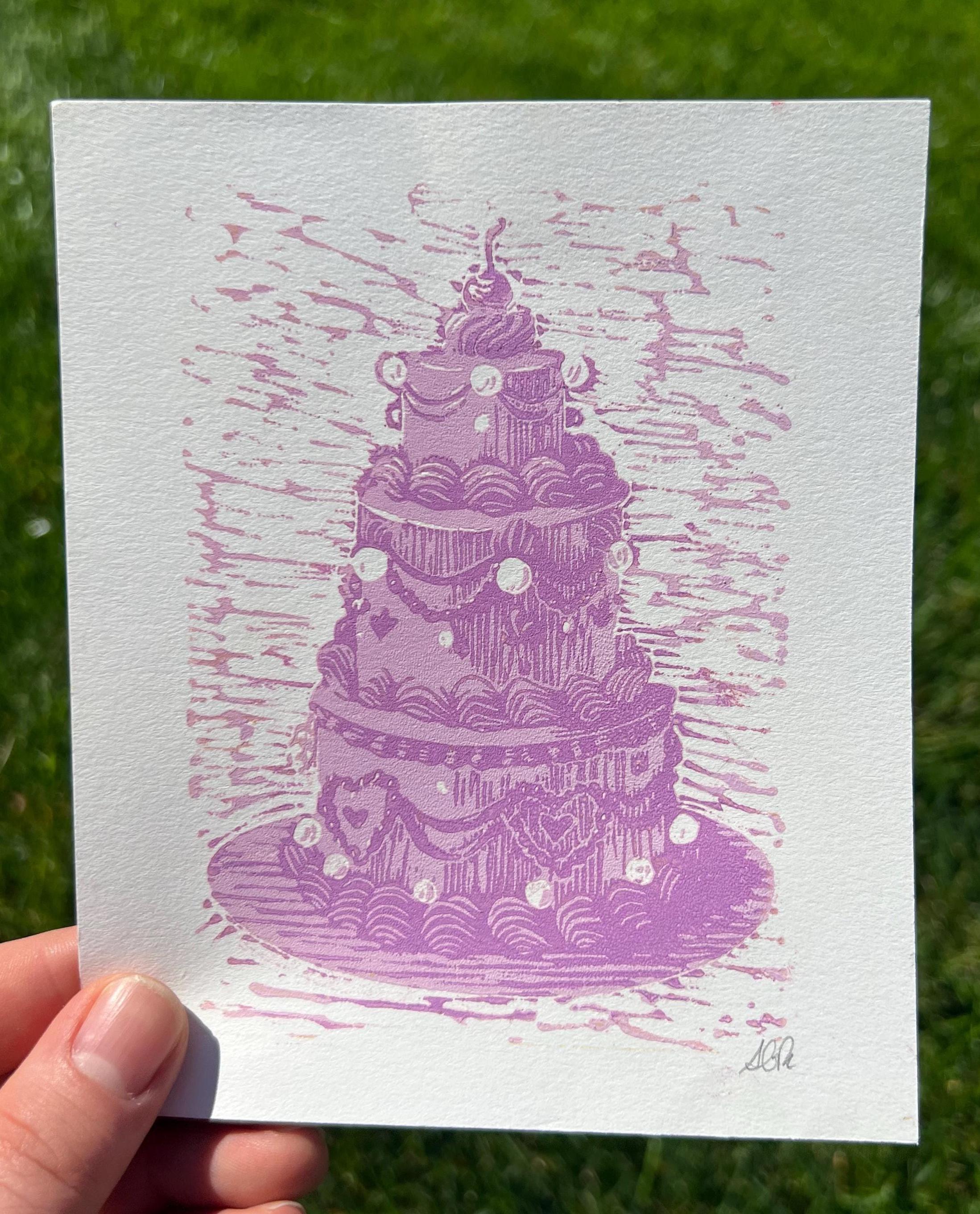 Vintage Style Tiered Rainbow Cakes, Linocut Print, 5"x6"