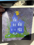 Spooky Halloween Haunted House Ghost Linocut Prints 7"x7.75"