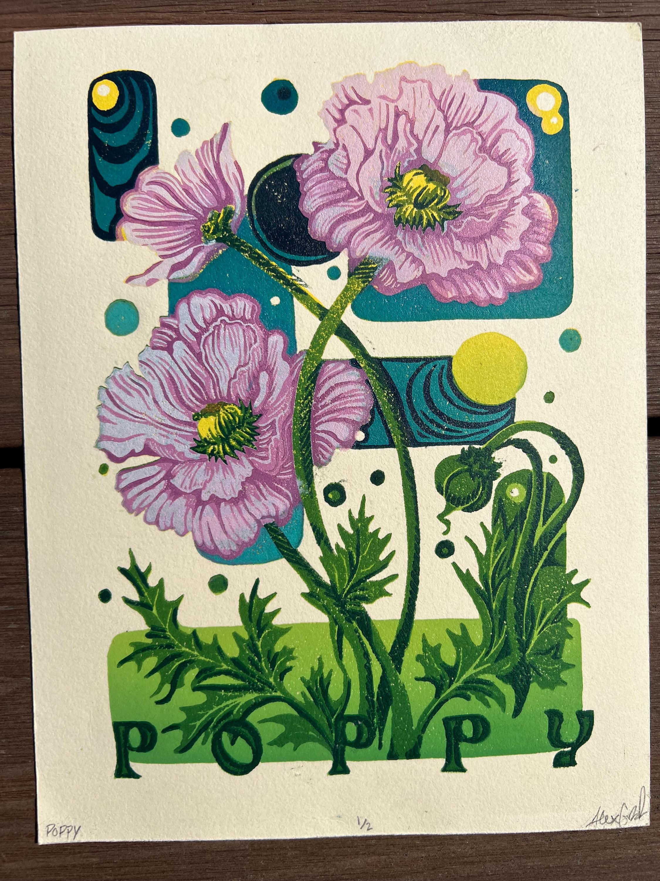 Poppy Flower Abstract Linocut Print | "Poppy" | Whimsical Easter Spring Wall Art | 7"x9"