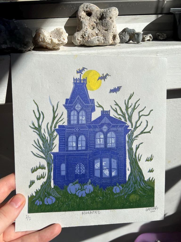Spooky Halloween Haunted House Ghost Linocut Prints 7"x7.75"