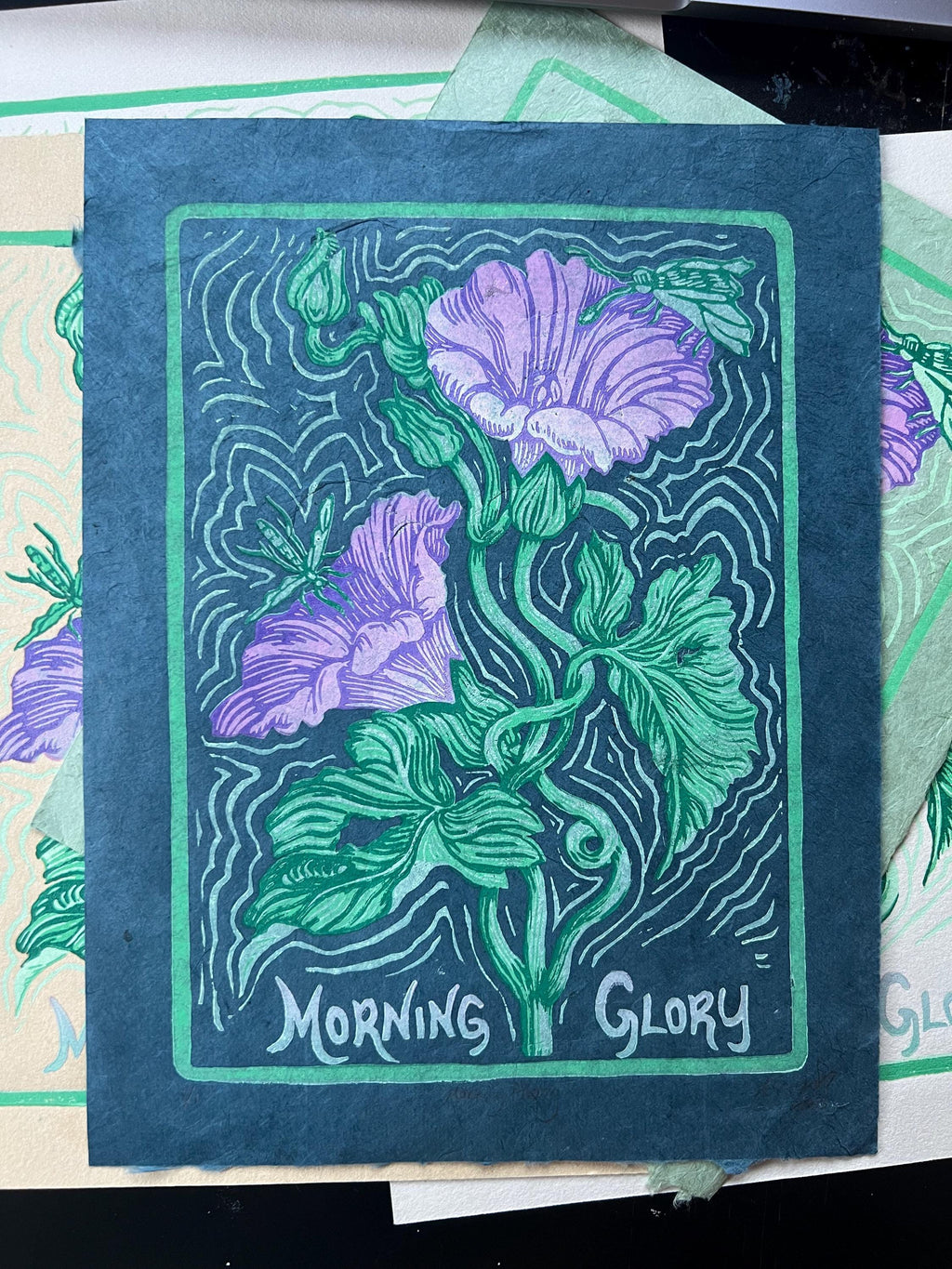 Morning Glory | Vintage Style Flower Linocut Print | Printed by Hand | 5.5"x7.05"