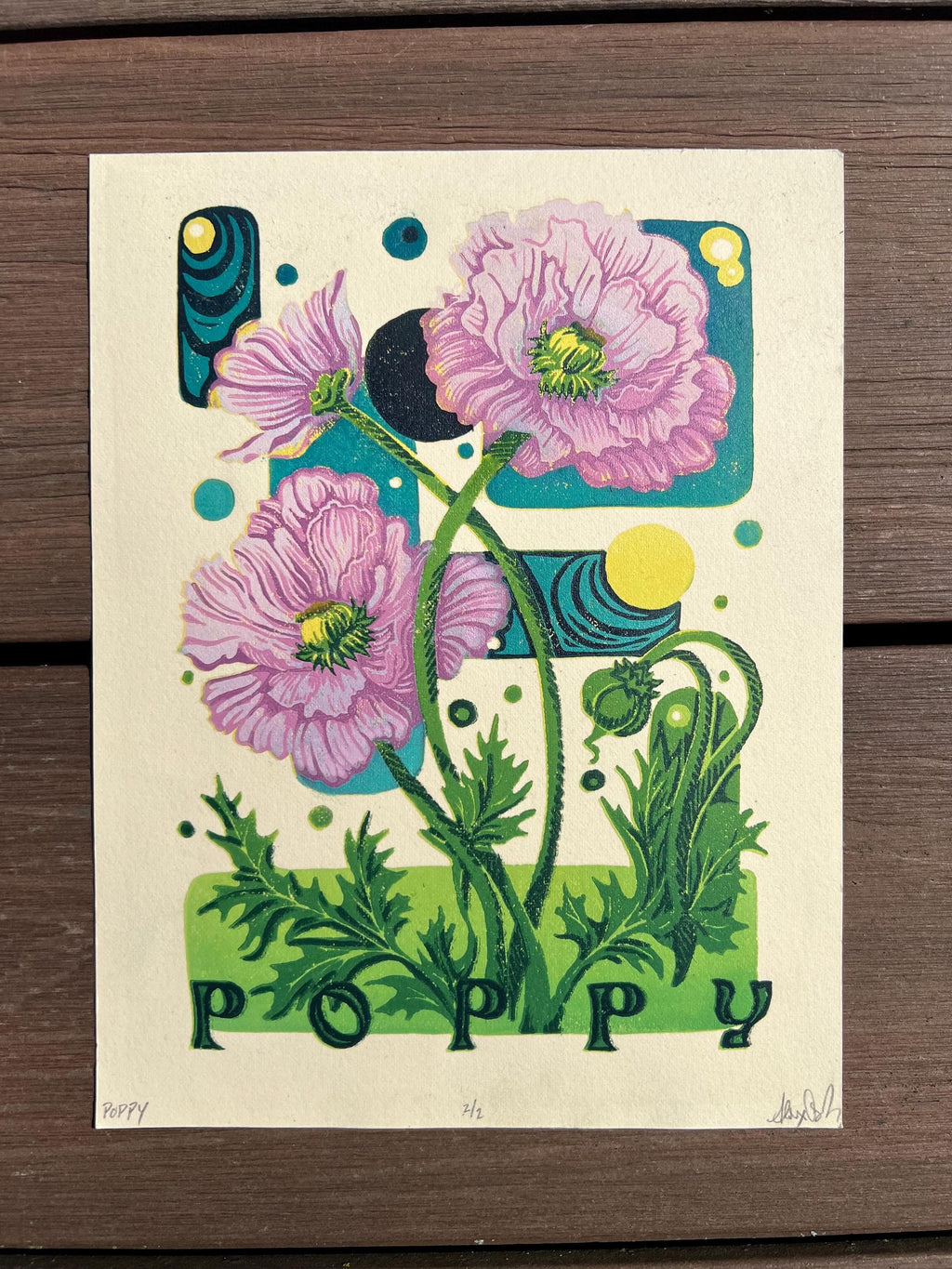 Poppy Flower Abstract Linocut Print | "Poppy" | Whimsical Easter Spring Wall Art | 7"x9"