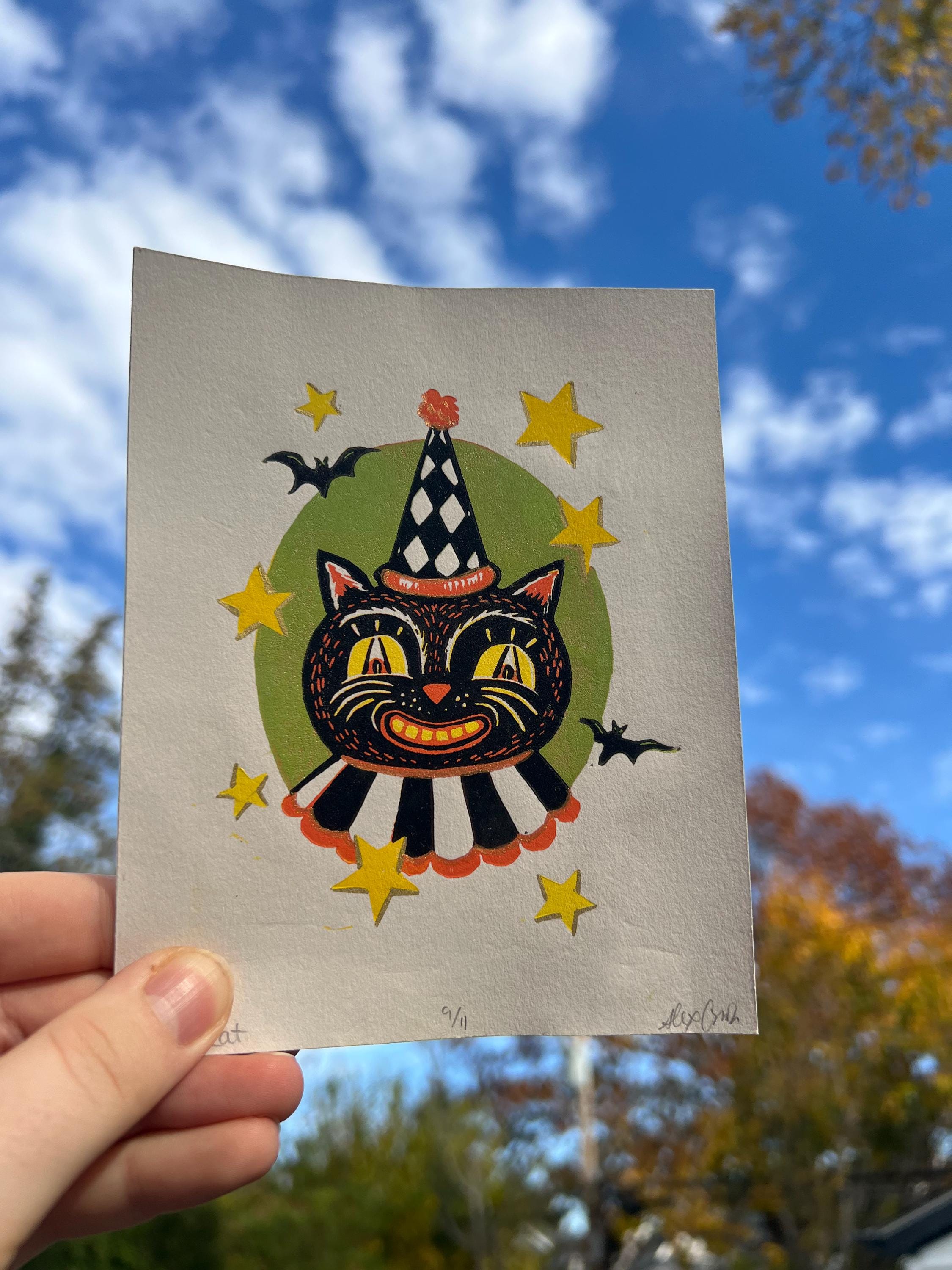 Linocut Vintage Circus Cat, Spooky Halloween Art Print | 4.75x6 | Fall Gift