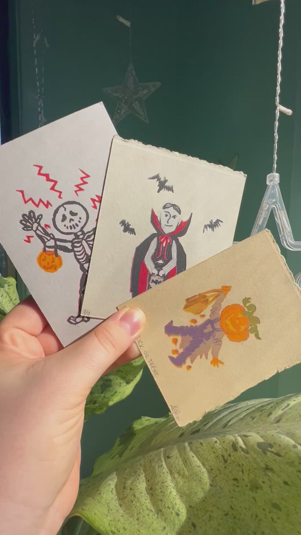 Spooky Skeleton/Dracula/Pumpkin Trick or Treaters Linocut Print Halloween